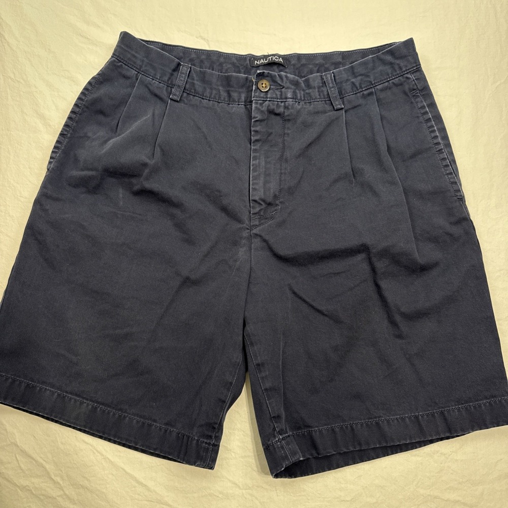 Nautica Shorts Mens 34 NAVY Chino 100% Cotton Flat Front BR1100 34